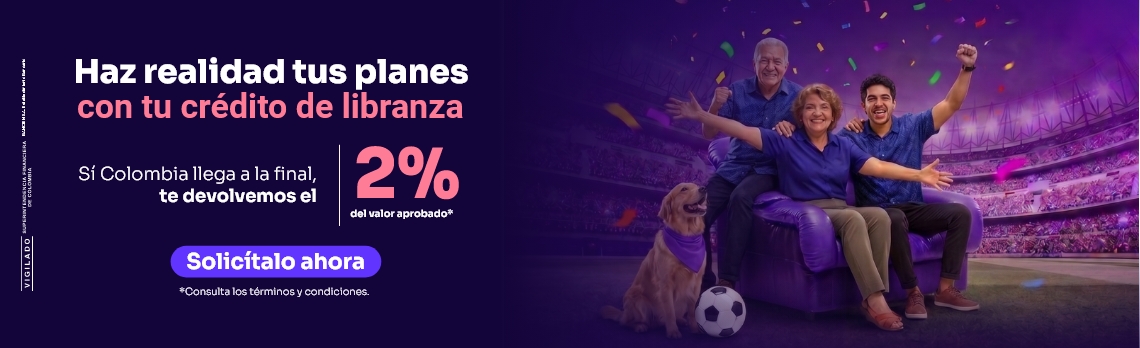 Crédito de libranza Ban100 para hacer realidad tus planes. Si Colombia llega a la final, recibe la devolución del 2 % del valor aprobado.